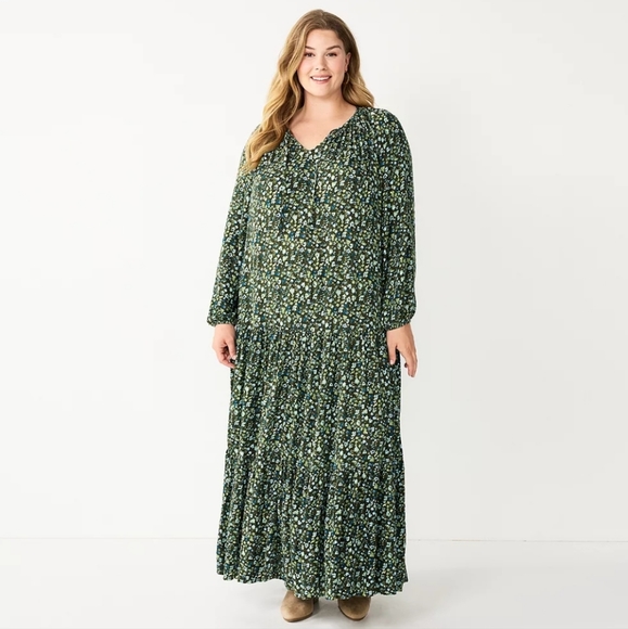 Sonoma Tiered Long Maxi Dress Size Large Olive green & Blue Floral - Picture 2 of 10